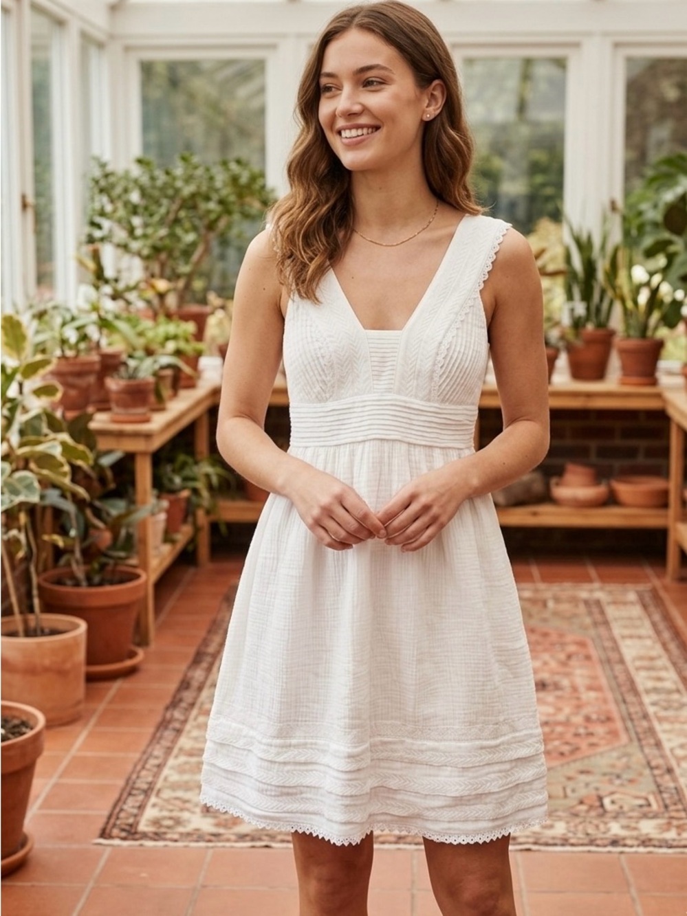 Magaschoni Organic Cotton White V-Neck Mini Dress from Anthropologie